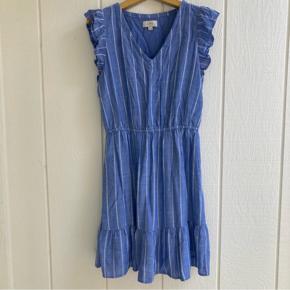 LOFT Blue Ruffle Dress with White Pinstripe Detail Size Small